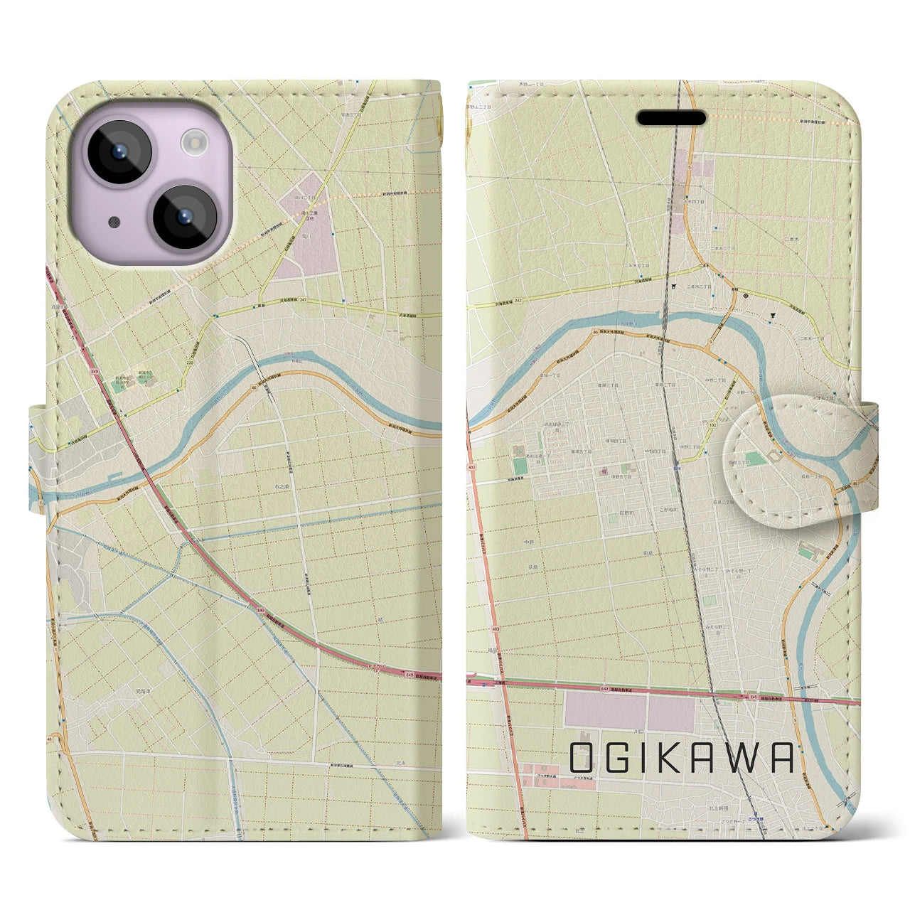 【荻川(新潟県)】地図柄iPhoneケース(手帳タイプ)ナチュラル・iPhone 14 用