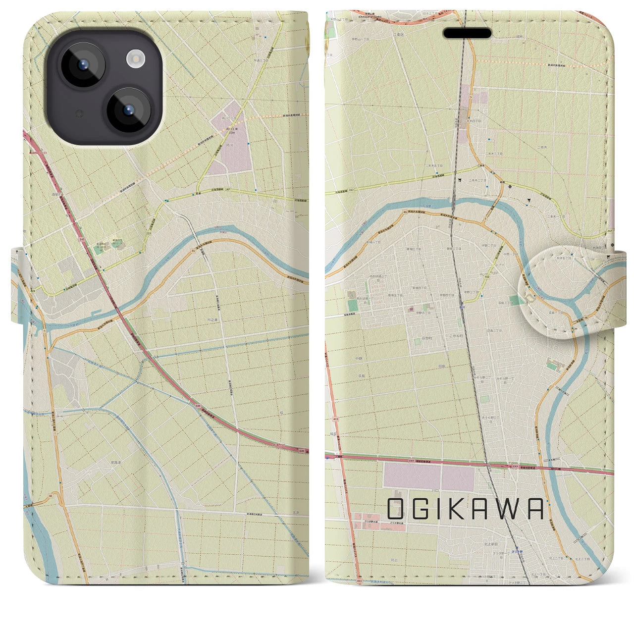 【荻川(新潟県)】地図柄iPhoneケース(手帳タイプ)ナチュラル・iPhone 14 Plus 用