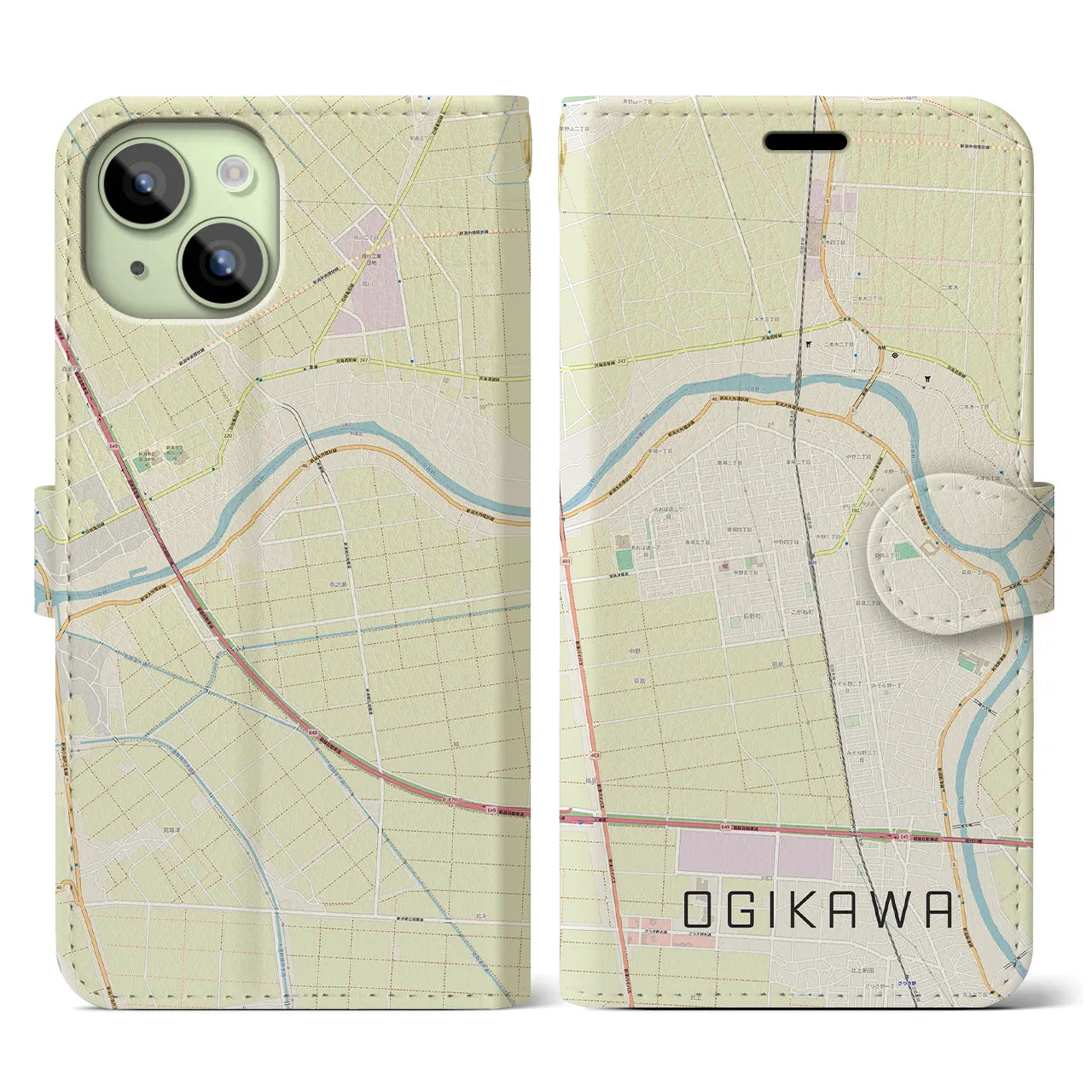 【荻川(新潟県)】地図柄iPhoneケース(手帳タイプ)ナチュラル・iPhone 15 用