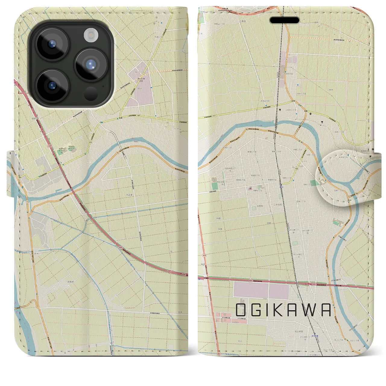 【荻川(新潟県)】地図柄iPhoneケース(手帳タイプ)ナチュラル・iPhone 15 Pro Max 用