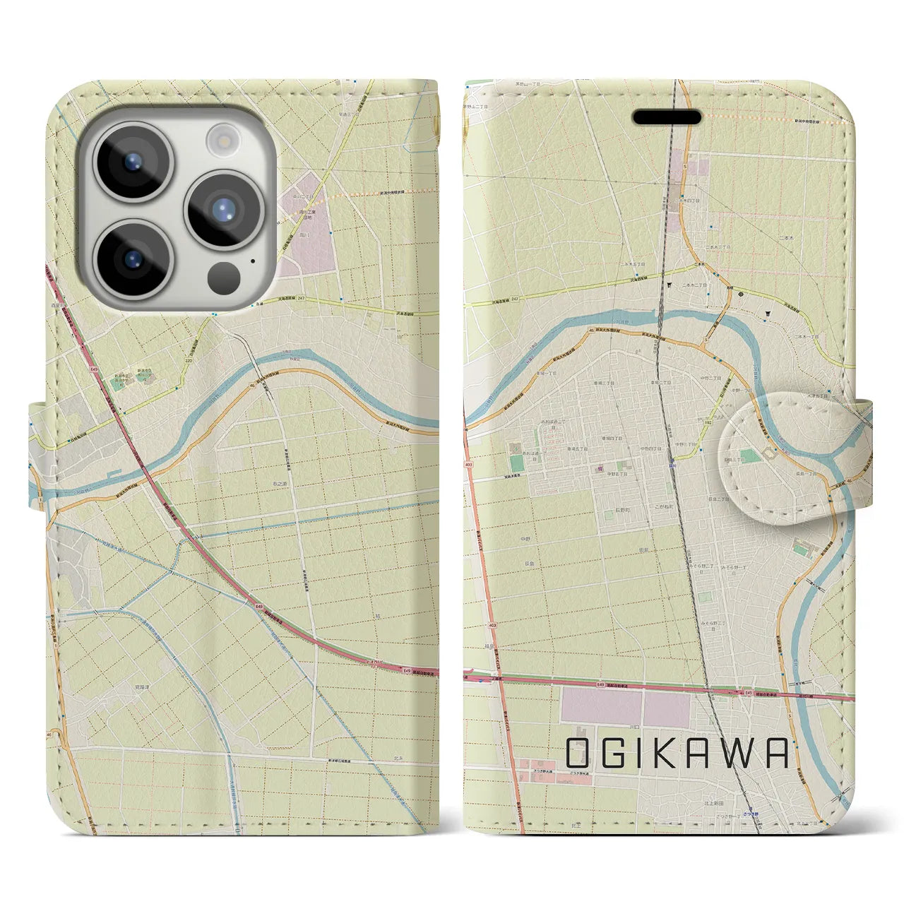 【荻川(新潟県)】地図柄iPhoneケース(手帳タイプ)ナチュラル・iPhone 15 Pro 用