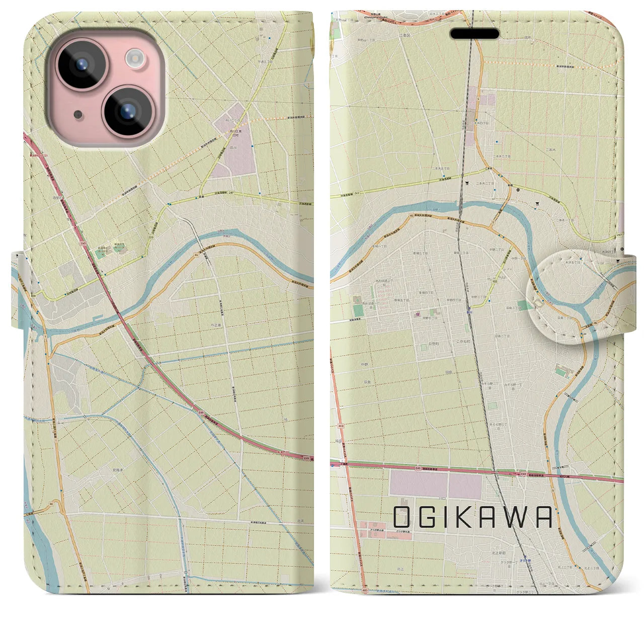 【荻川(新潟県)】地図柄iPhoneケース(手帳タイプ)ナチュラル・iPhone 15 Plus 用