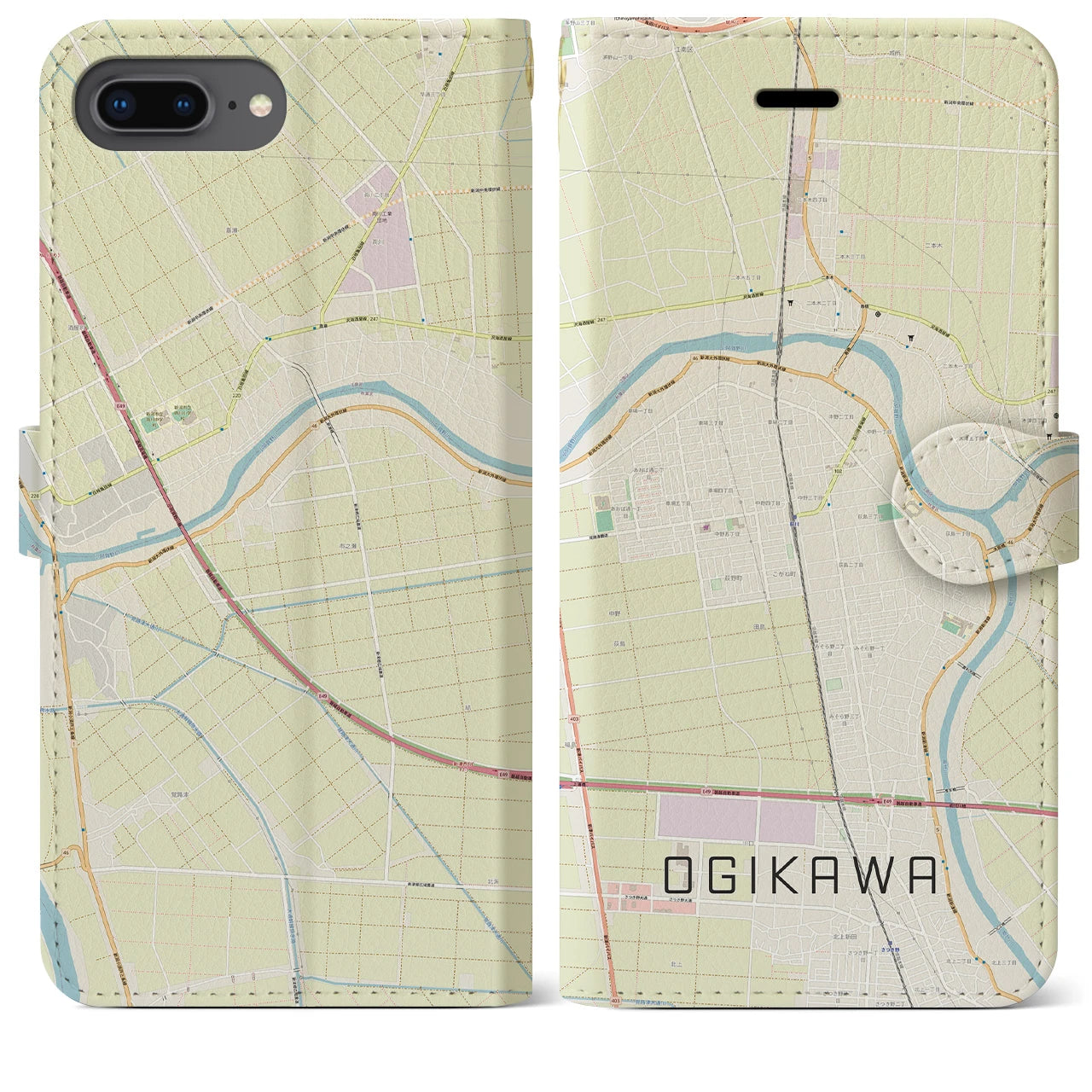 【荻川(新潟県)】地図柄iPhoneケース(手帳タイプ)ナチュラル・iPhone 8Plus /7Plus / 6sPlus / 6Plus 用