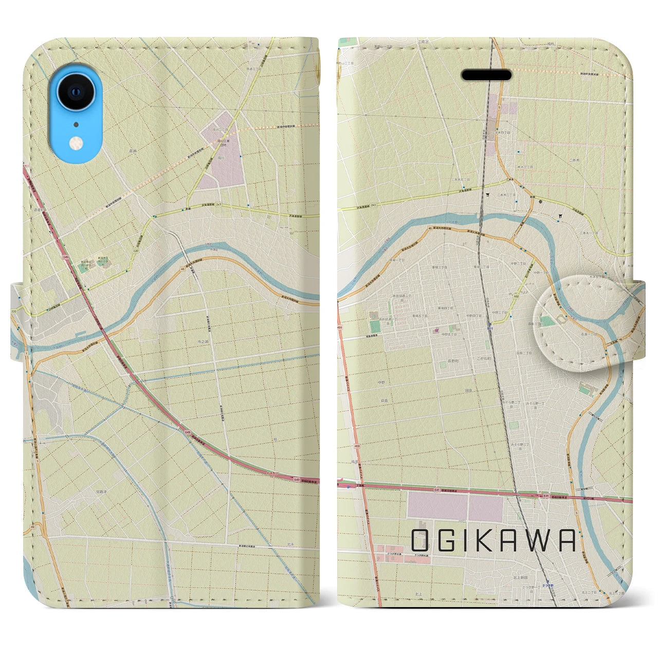 【荻川(新潟県)】地図柄iPhoneケース(手帳タイプ)ナチュラル・iPhone XR 用