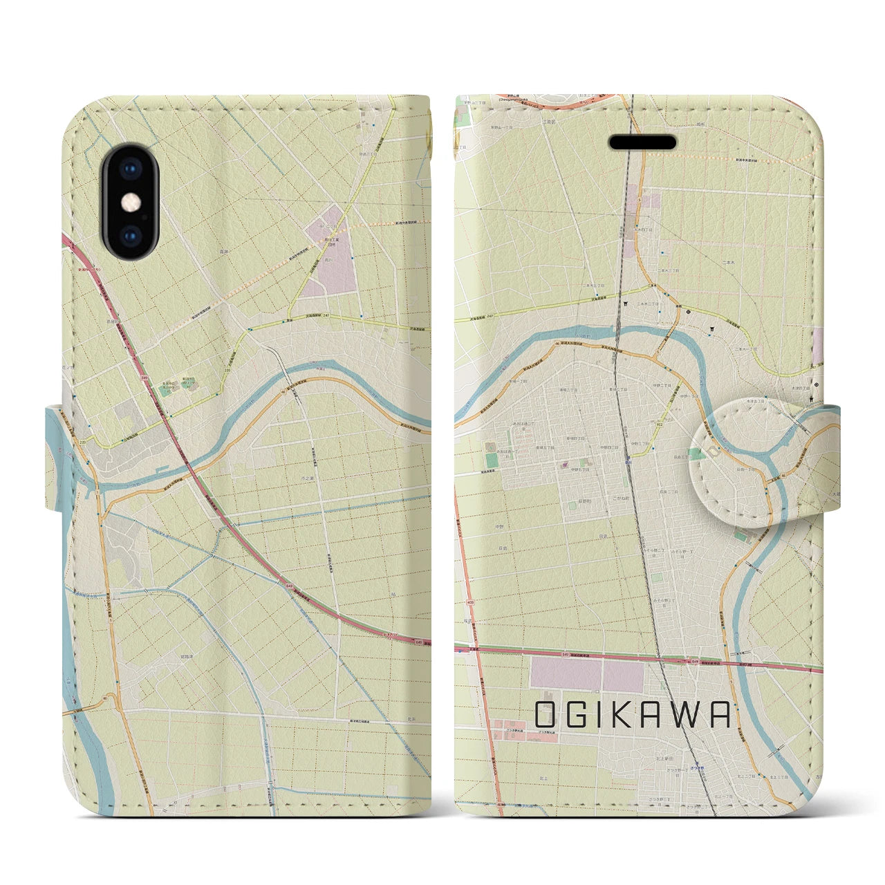 【荻川(新潟県)】地図柄iPhoneケース(手帳タイプ)ナチュラル・iPhone XS / X 用