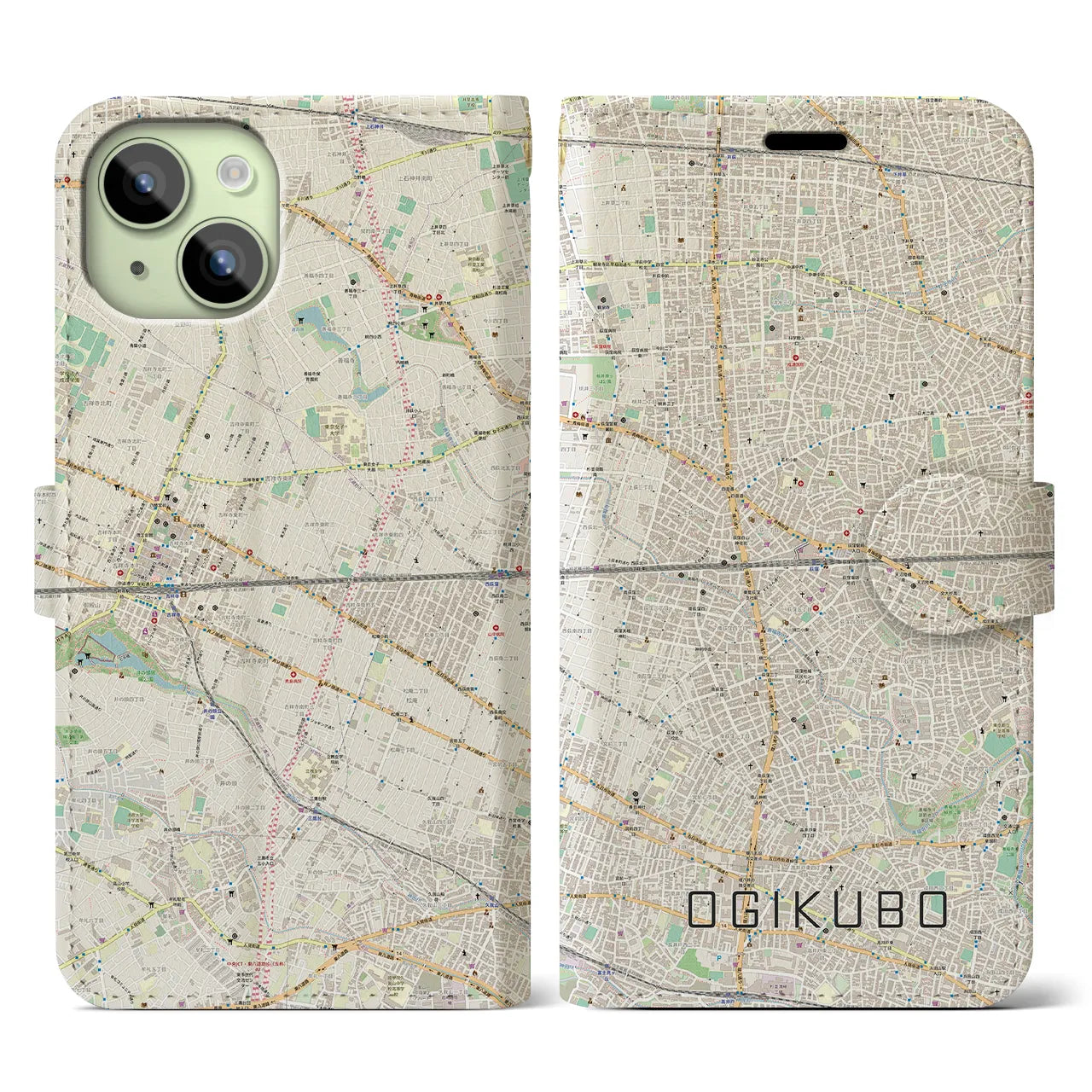 【荻窪2(東京都)】地図柄iPhoneケース(手帳タイプ)ナチュラル・iPhone 15 用