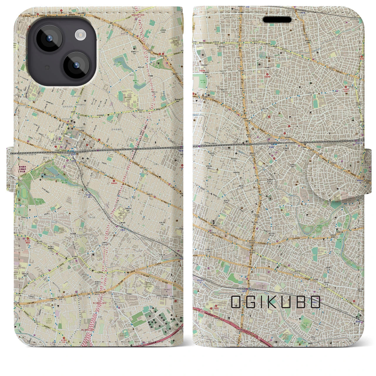 【荻窪(東京都)】地図柄iPhoneケース(手帳タイプ)ナチュラル・iPhone 14 Plus 用