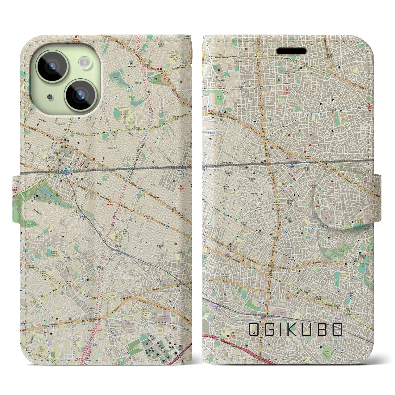 【荻窪(東京都)】地図柄iPhoneケース(手帳タイプ)ナチュラル・iPhone 15 用