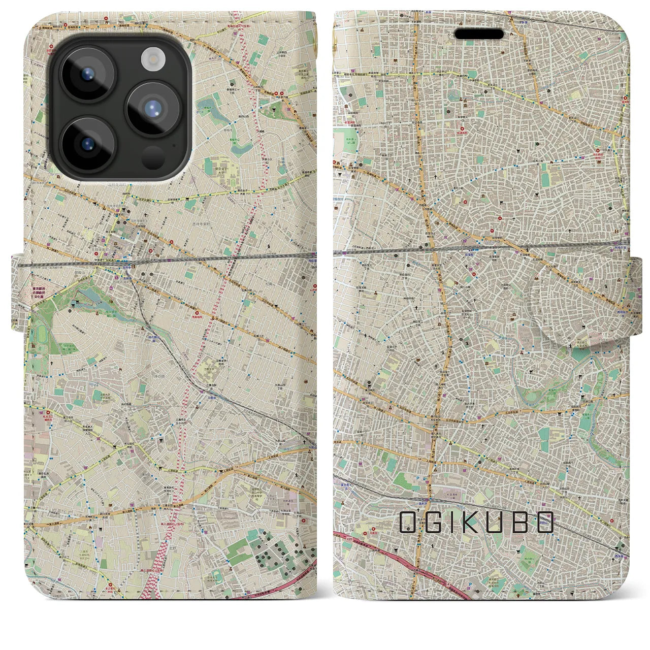 【荻窪(東京都)】地図柄iPhoneケース(手帳タイプ)ナチュラル・iPhone 15 Pro Max 用
