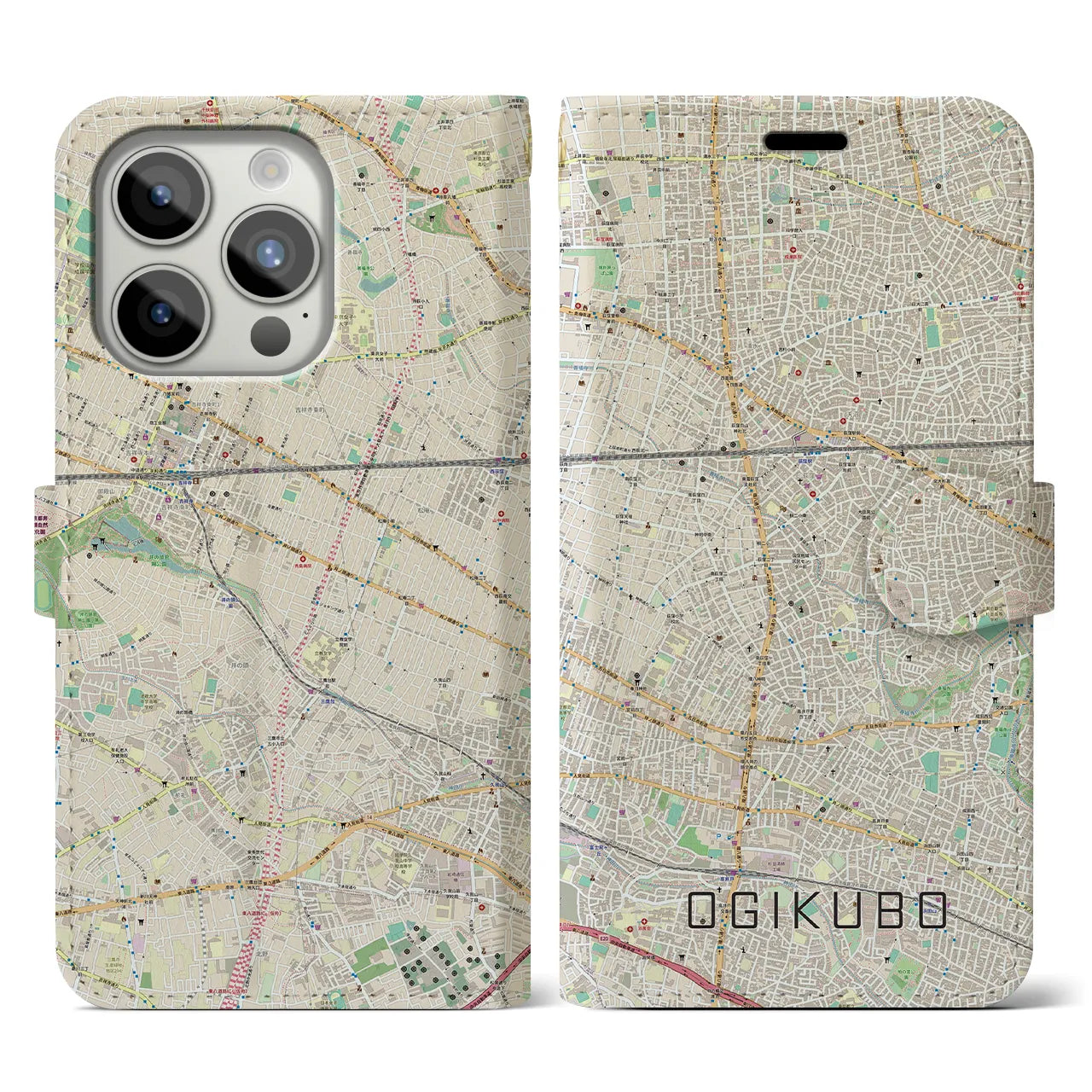 【荻窪(東京都)】地図柄iPhoneケース(手帳タイプ)ナチュラル・iPhone 15 Pro 用