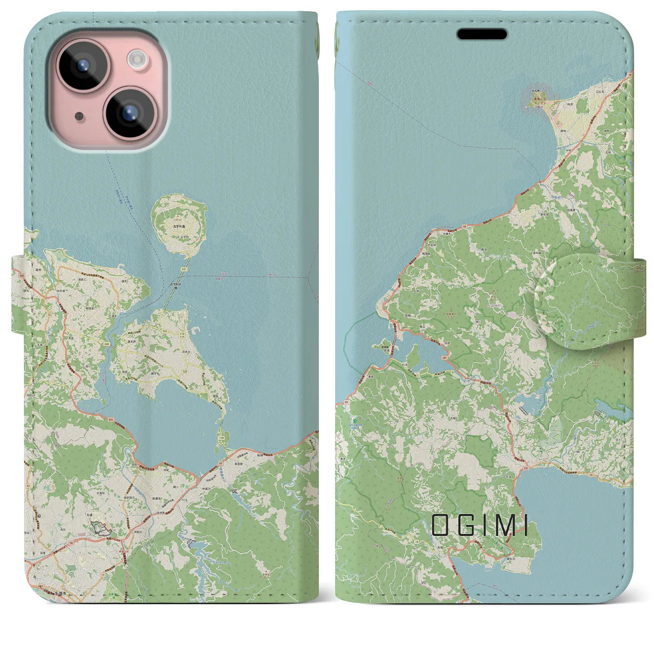 【大宜味(沖縄県)】地図柄iPhoneケース(手帳タイプ)ナチュラル・iPhone 15 Plus 用