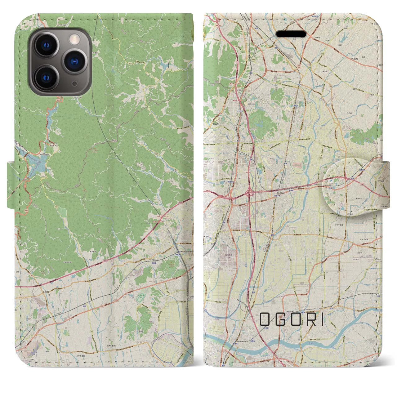 【小郡(福岡県)】地図柄iPhoneケース(手帳タイプ)ナチュラル・iPhone 11 Pro Max 用