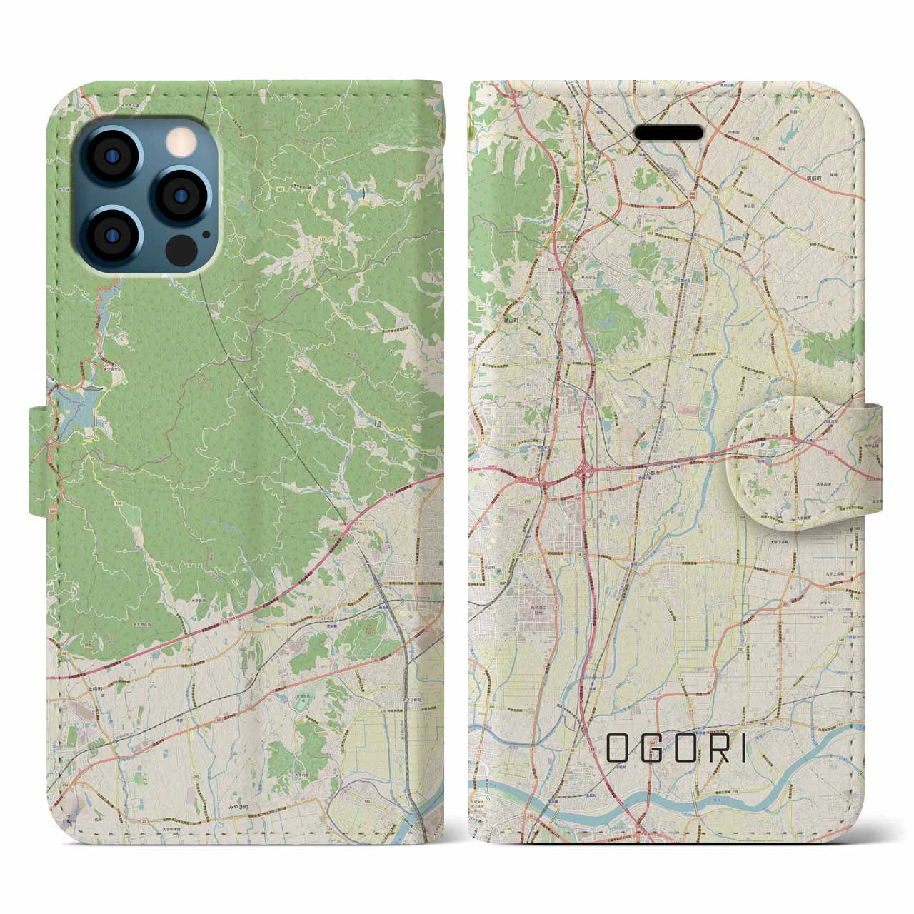 【小郡(福岡県)】地図柄iPhoneケース(手帳タイプ)ナチュラル・iPhone 12 / 12 Pro 用