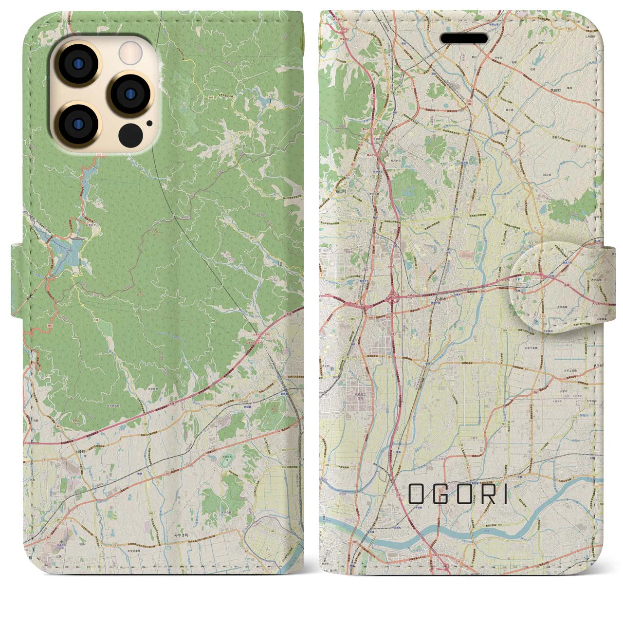 【小郡(福岡県)】地図柄iPhoneケース(手帳タイプ)ナチュラル・iPhone 12 Pro Max 用
