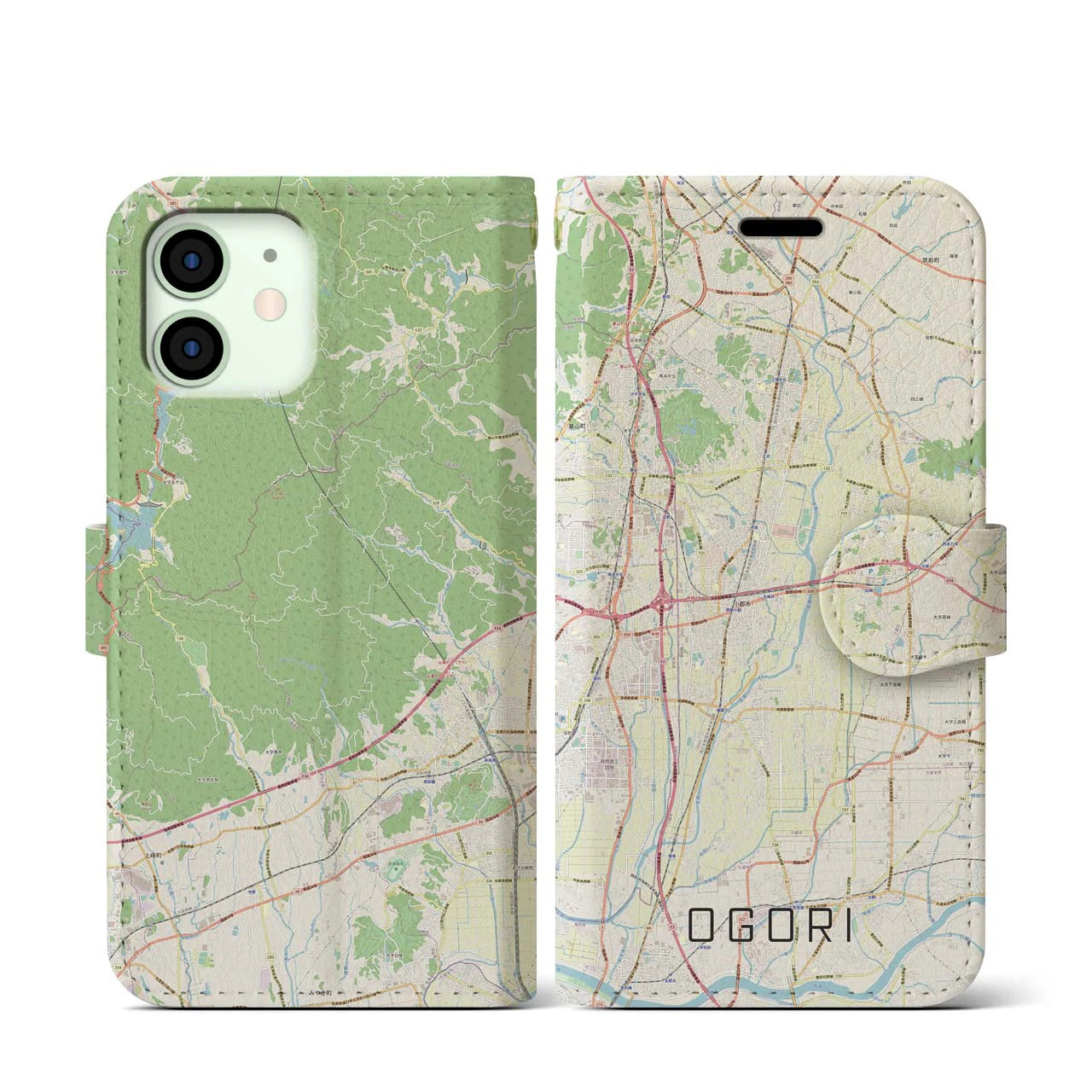 【小郡(福岡県)】地図柄iPhoneケース(手帳タイプ)ナチュラル・iPhone 12 mini 用