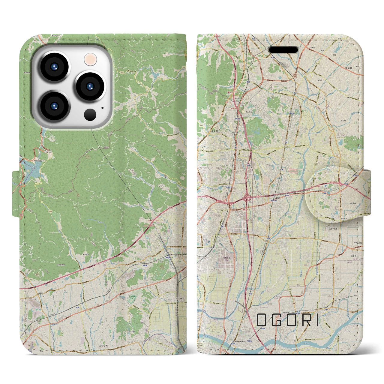 【小郡(福岡県)】地図柄iPhoneケース(手帳タイプ)ナチュラル・iPhone 13 Pro 用