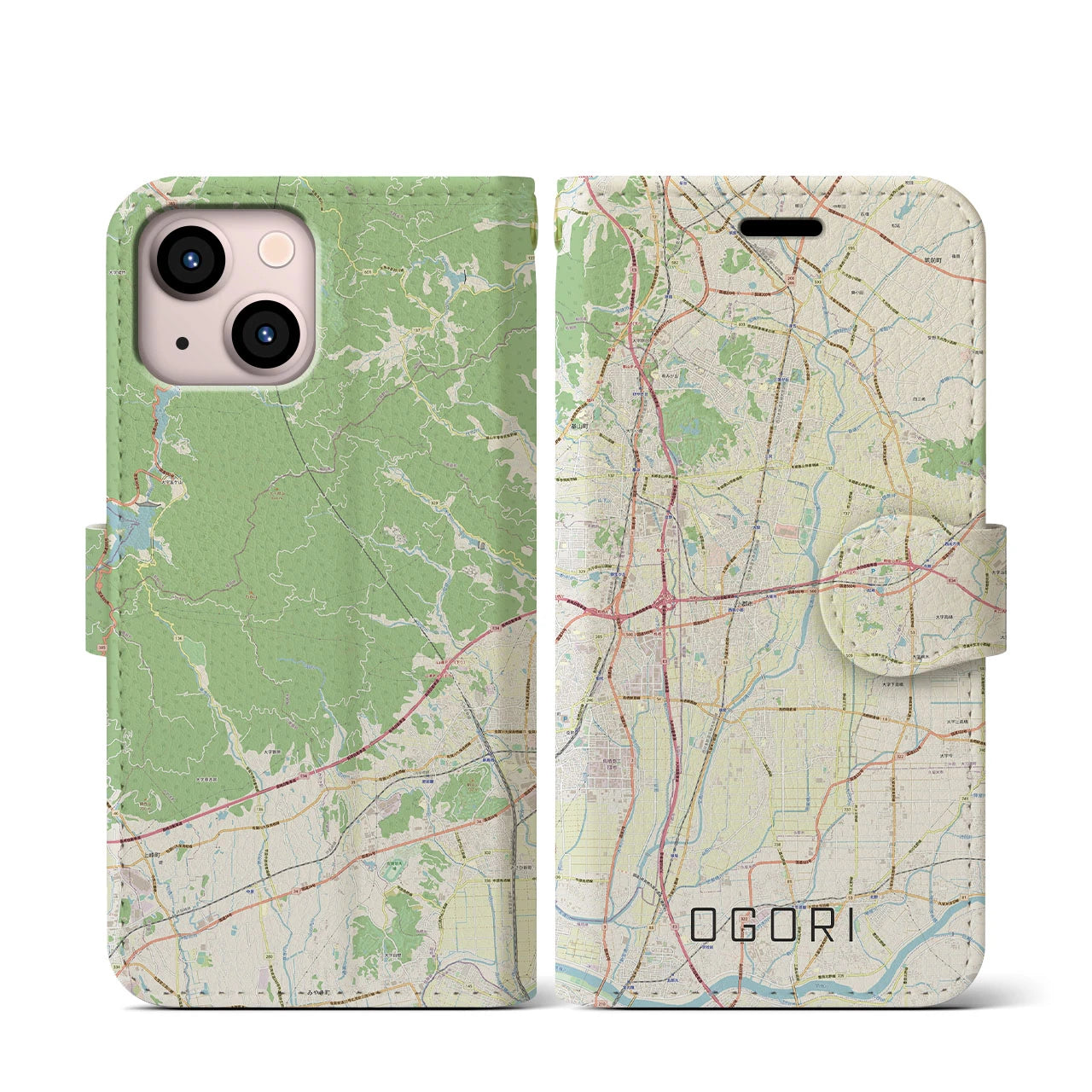 【小郡(福岡県)】地図柄iPhoneケース(手帳タイプ)ナチュラル・iPhone 13 mini 用