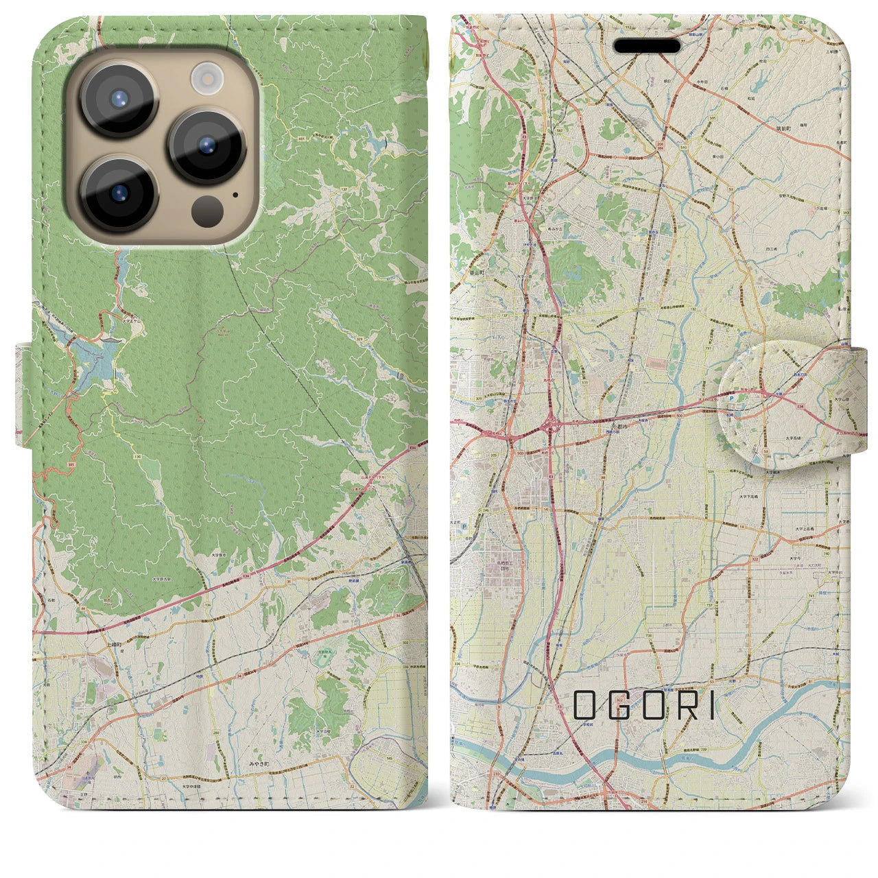 【小郡(福岡県)】地図柄iPhoneケース(手帳タイプ)ナチュラル・iPhone 14 Pro Max 用