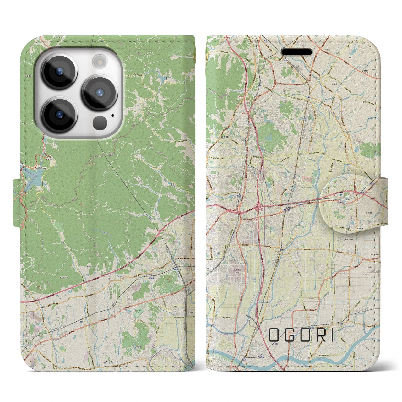 【小郡(福岡県)】地図柄iPhoneケース(手帳タイプ)ナチュラル・iPhone 14 Pro 用