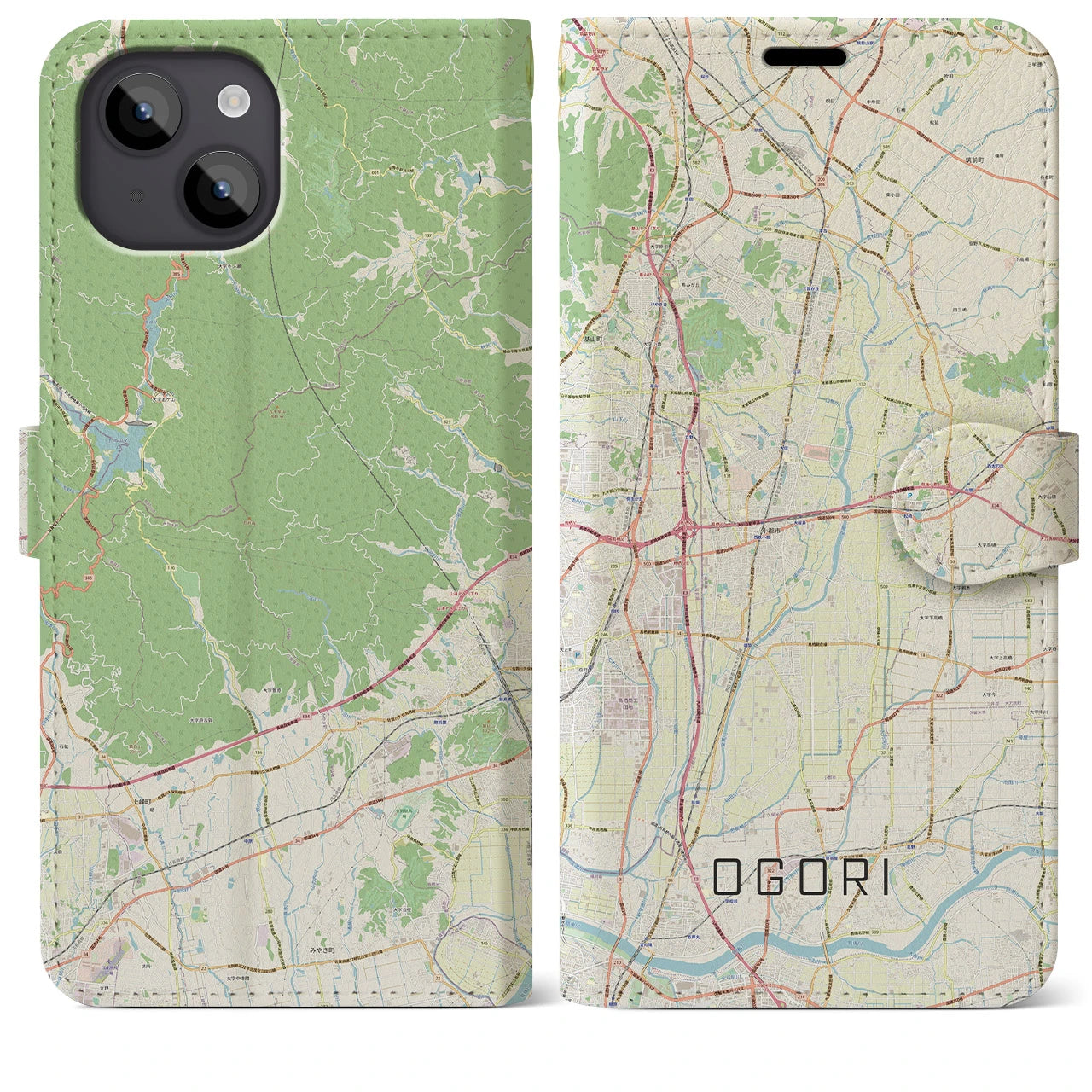 【小郡(福岡県)】地図柄iPhoneケース(手帳タイプ)ナチュラル・iPhone 14 Plus 用