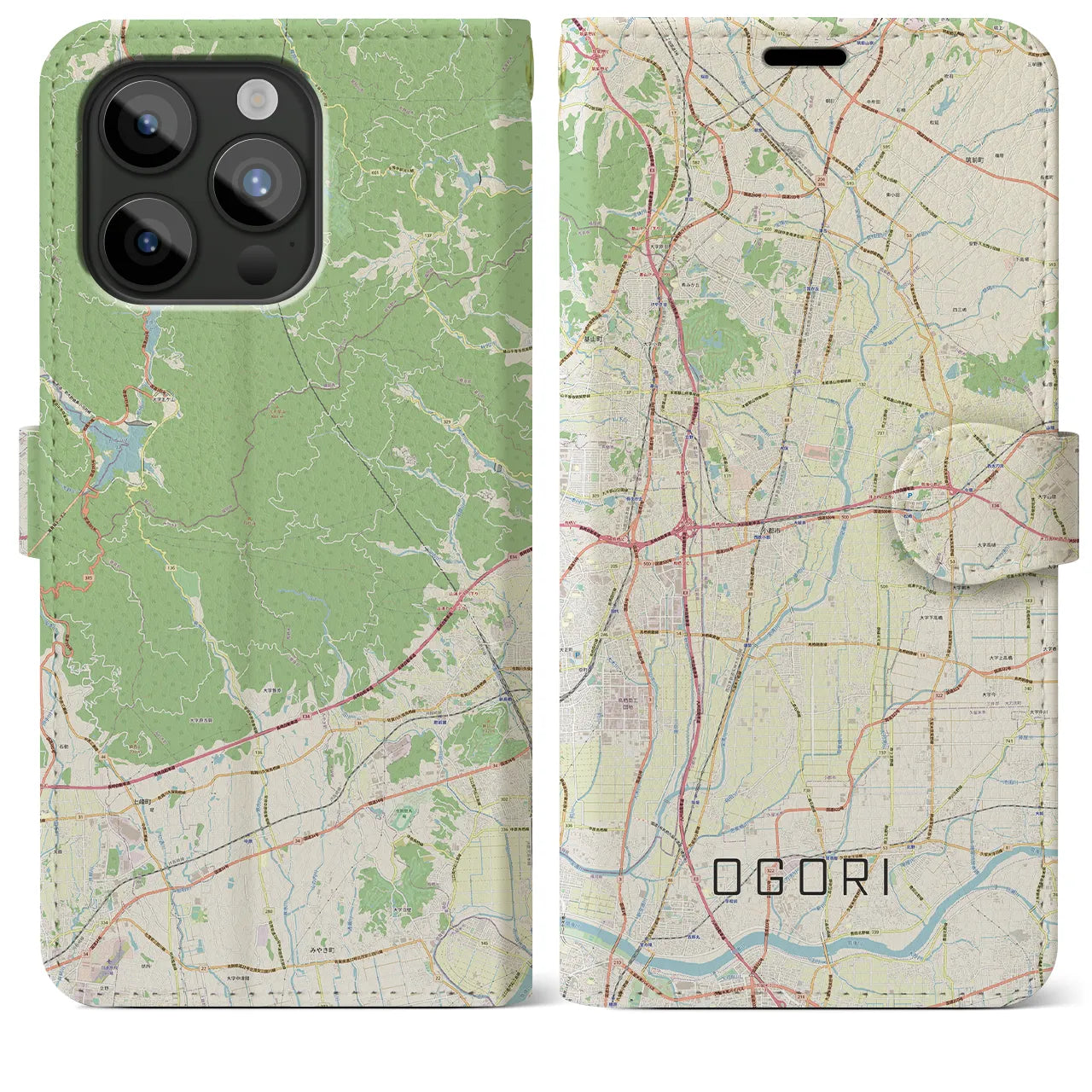 【小郡(福岡県)】地図柄iPhoneケース(手帳タイプ)ナチュラル・iPhone 15 Pro Max 用