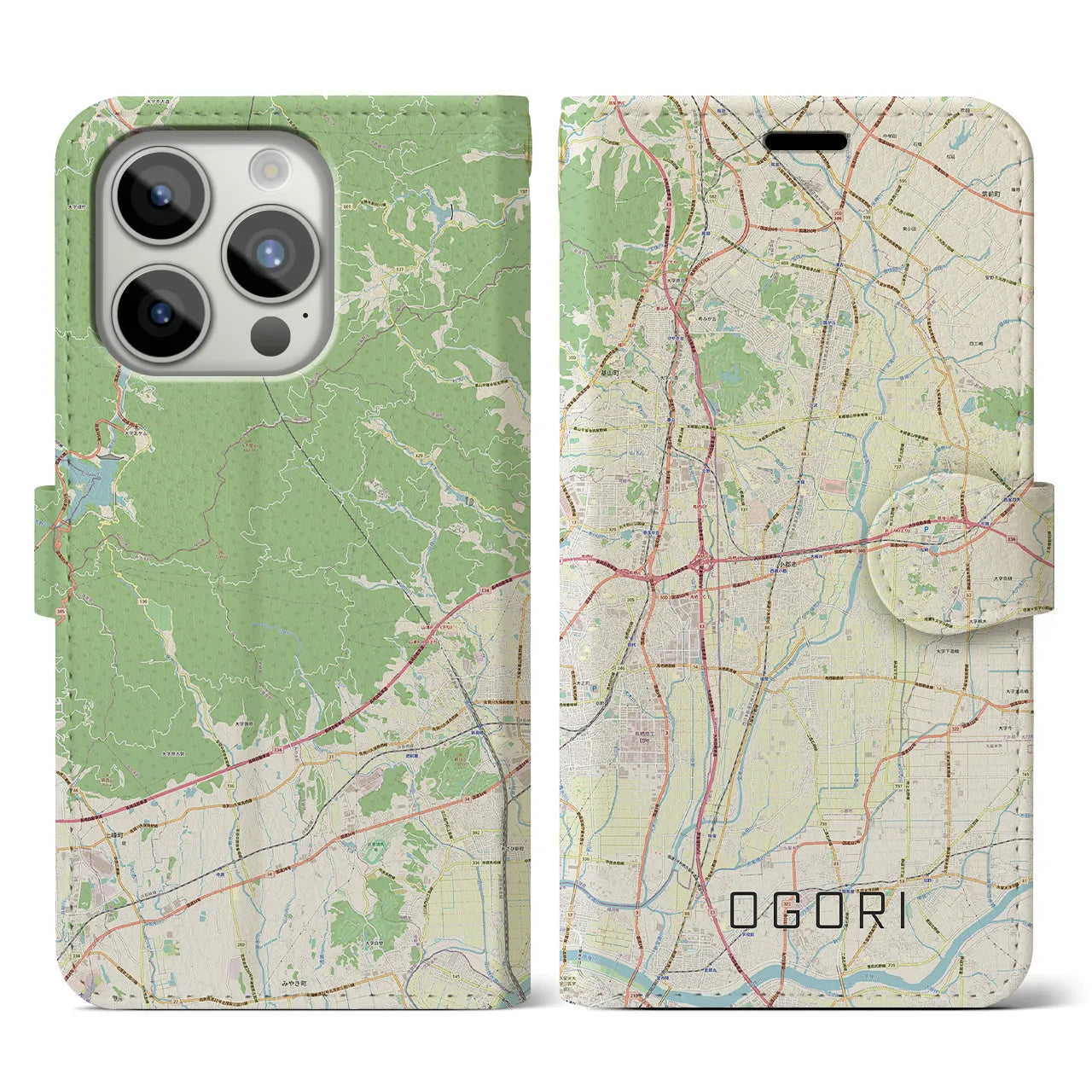 【小郡(福岡県)】地図柄iPhoneケース(手帳タイプ)ナチュラル・iPhone 15 Pro 用