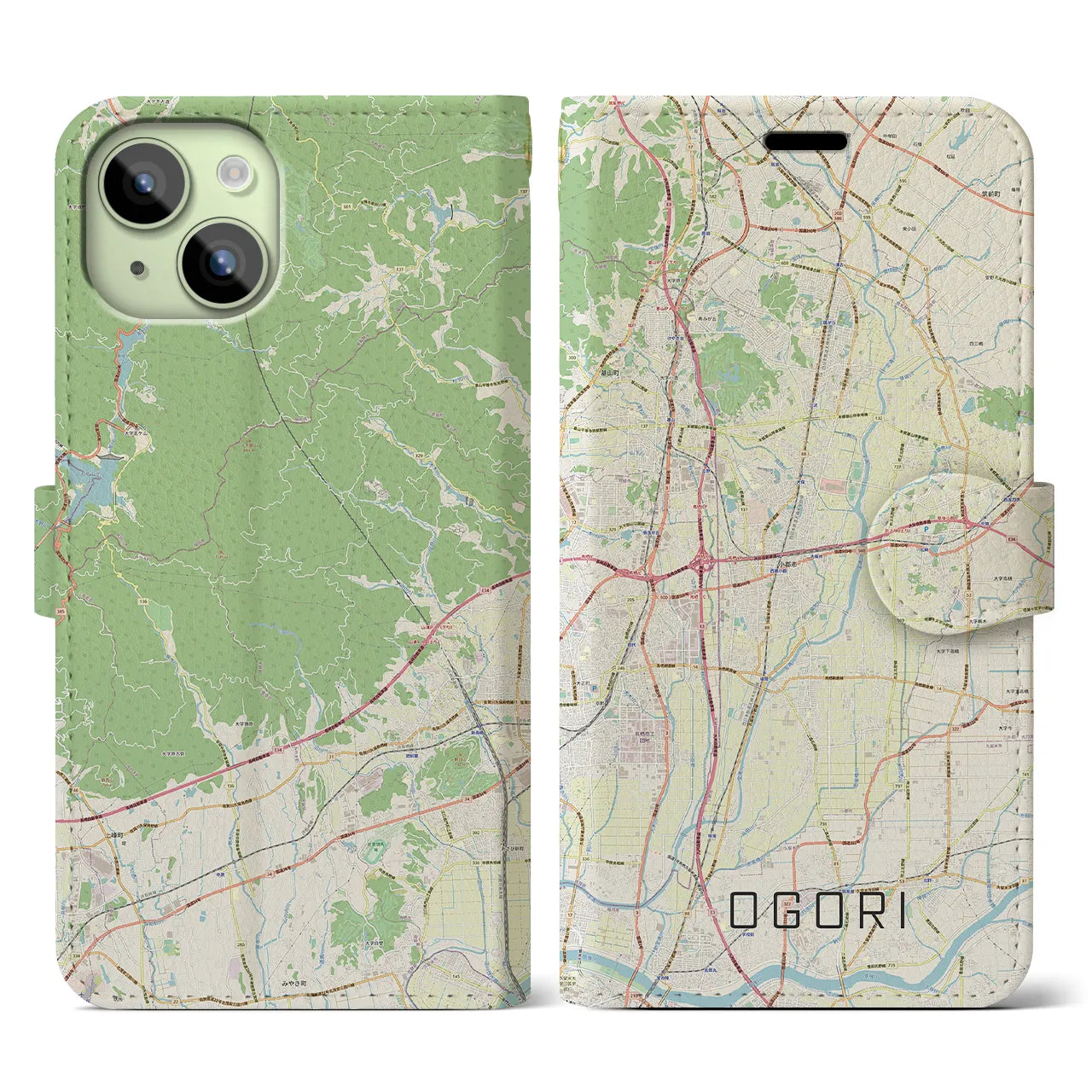 【小郡(福岡県)】地図柄iPhoneケース(手帳タイプ)ナチュラル・iPhone 15 用