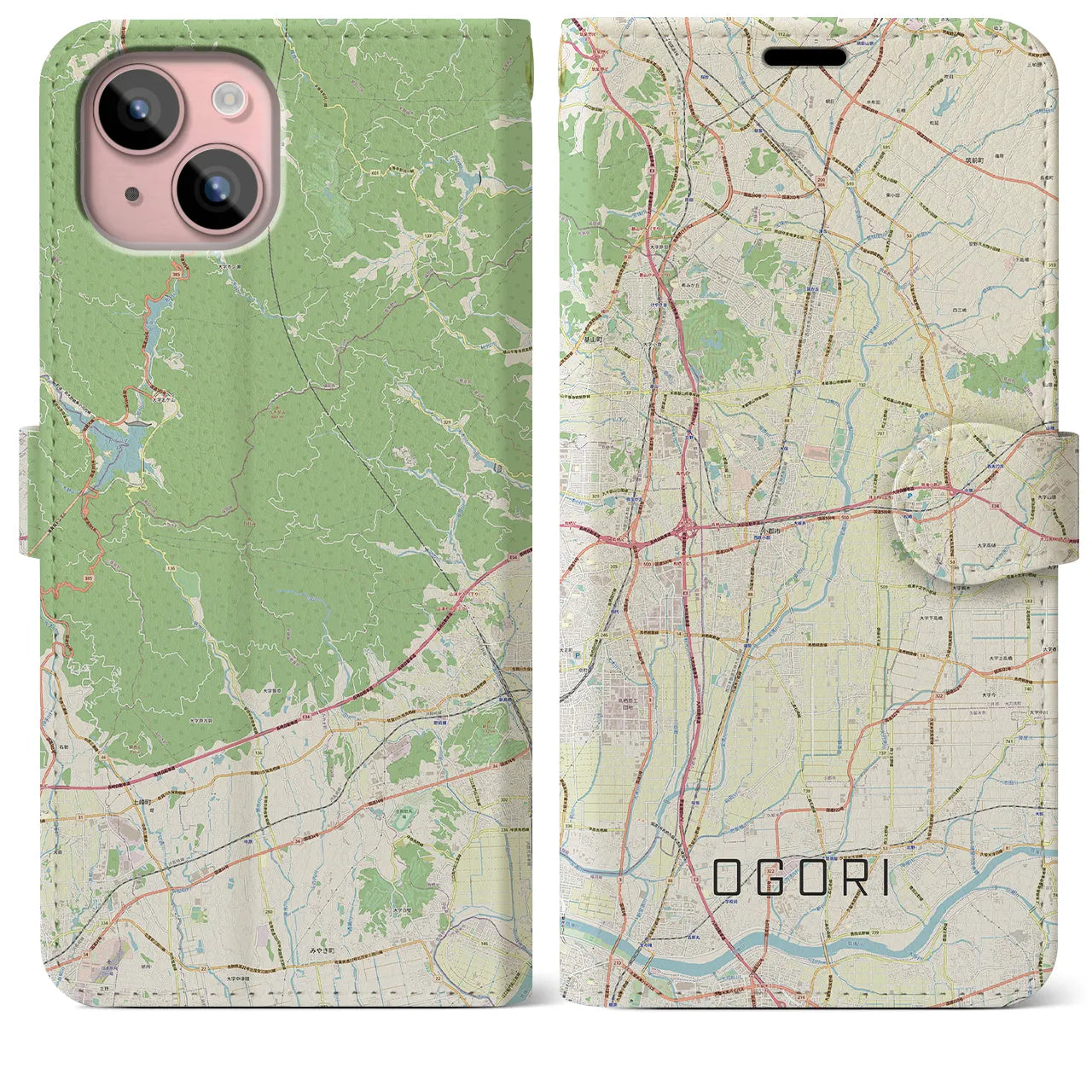 【小郡(福岡県)】地図柄iPhoneケース(手帳タイプ)ナチュラル・iPhone 15 Plus 用