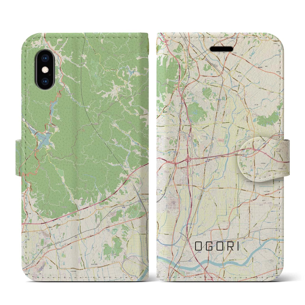 【小郡(福岡県)】地図柄iPhoneケース(手帳タイプ)ナチュラル・iPhone XS / X 用