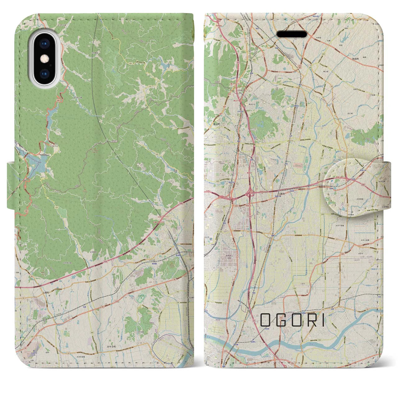 【小郡(福岡県)】地図柄iPhoneケース(手帳タイプ)ナチュラル・iPhone XS Max 用
