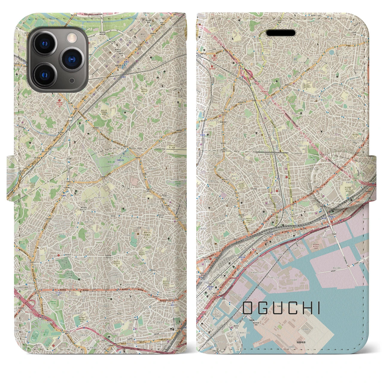 【大口(神奈川県)】地図柄iPhoneケース(手帳タイプ)ナチュラル・iPhone 11 Pro Max 用