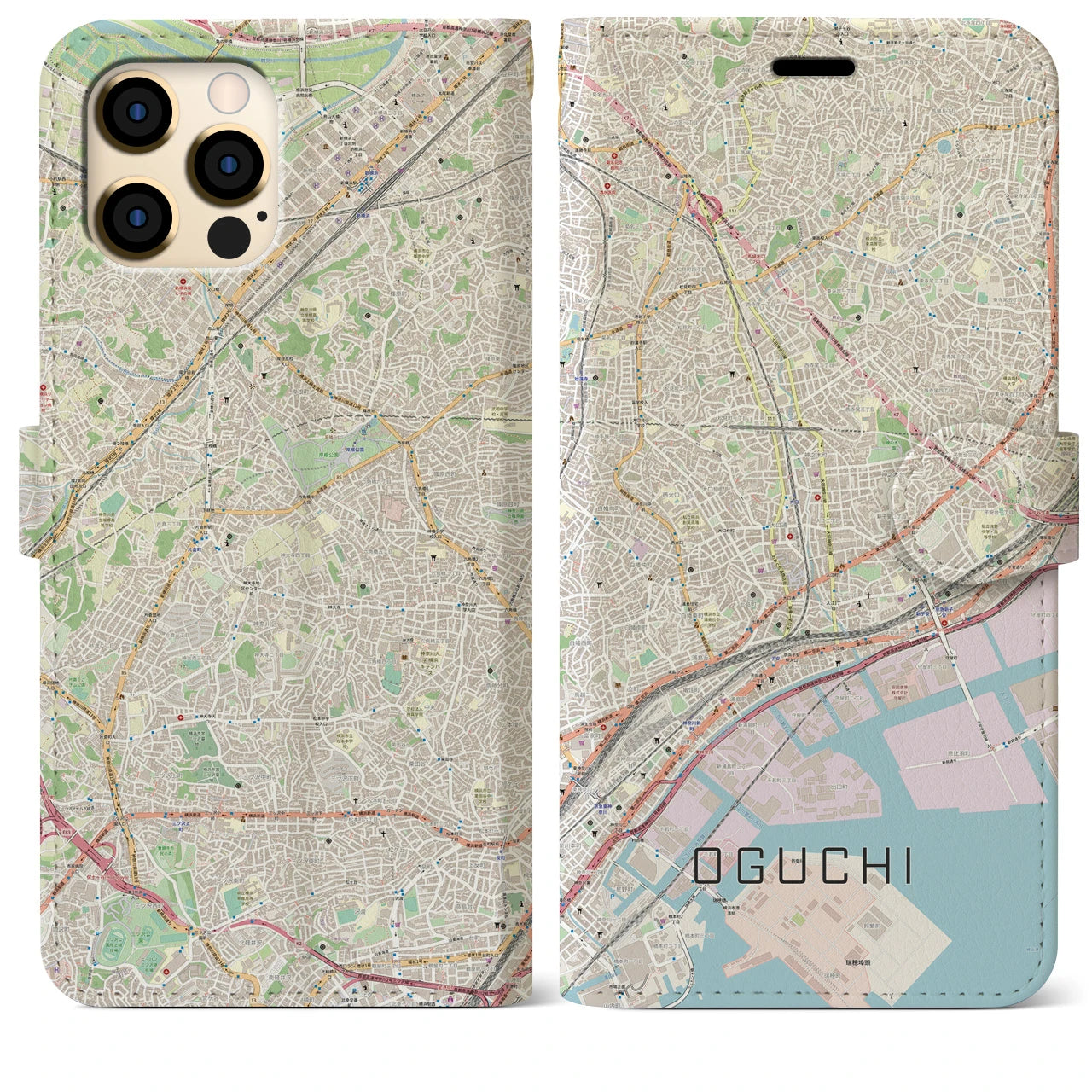 【大口(神奈川県)】地図柄iPhoneケース(手帳タイプ)ナチュラル・iPhone 12 Pro Max 用