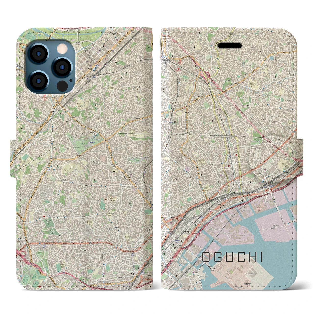 【大口(神奈川県)】地図柄iPhoneケース(手帳タイプ)ナチュラル・iPhone 12 / 12 Pro 用