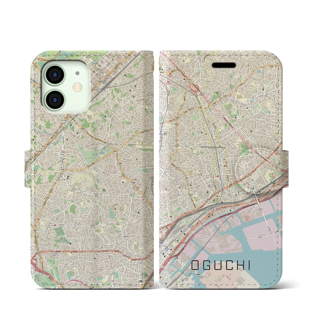 【大口(神奈川県)】地図柄iPhoneケース(手帳タイプ)ナチュラル・iPhone 12 mini 用