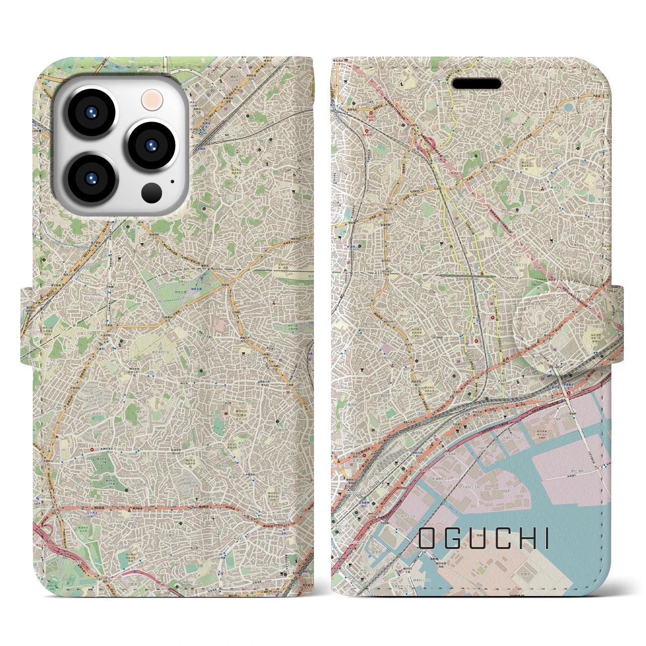 【大口(神奈川県)】地図柄iPhoneケース(手帳タイプ)ナチュラル・iPhone 13 Pro 用
