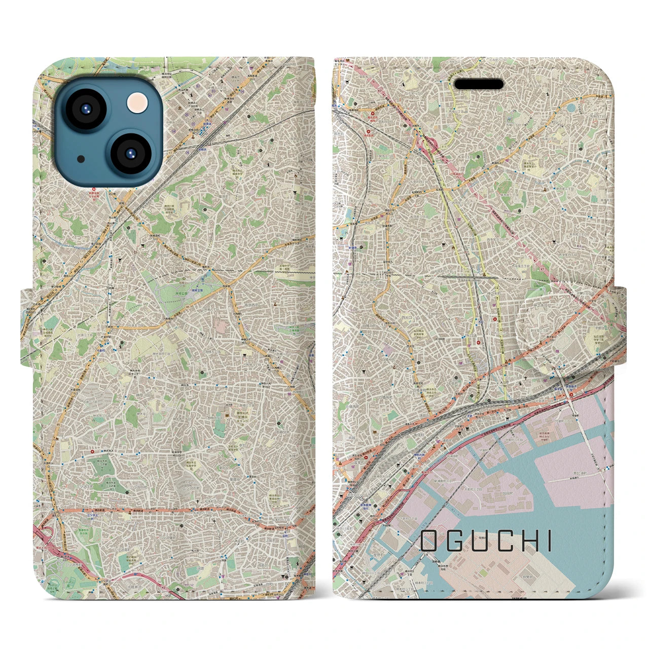 【大口(神奈川県)】地図柄iPhoneケース(手帳タイプ)ナチュラル・iPhone 13 用