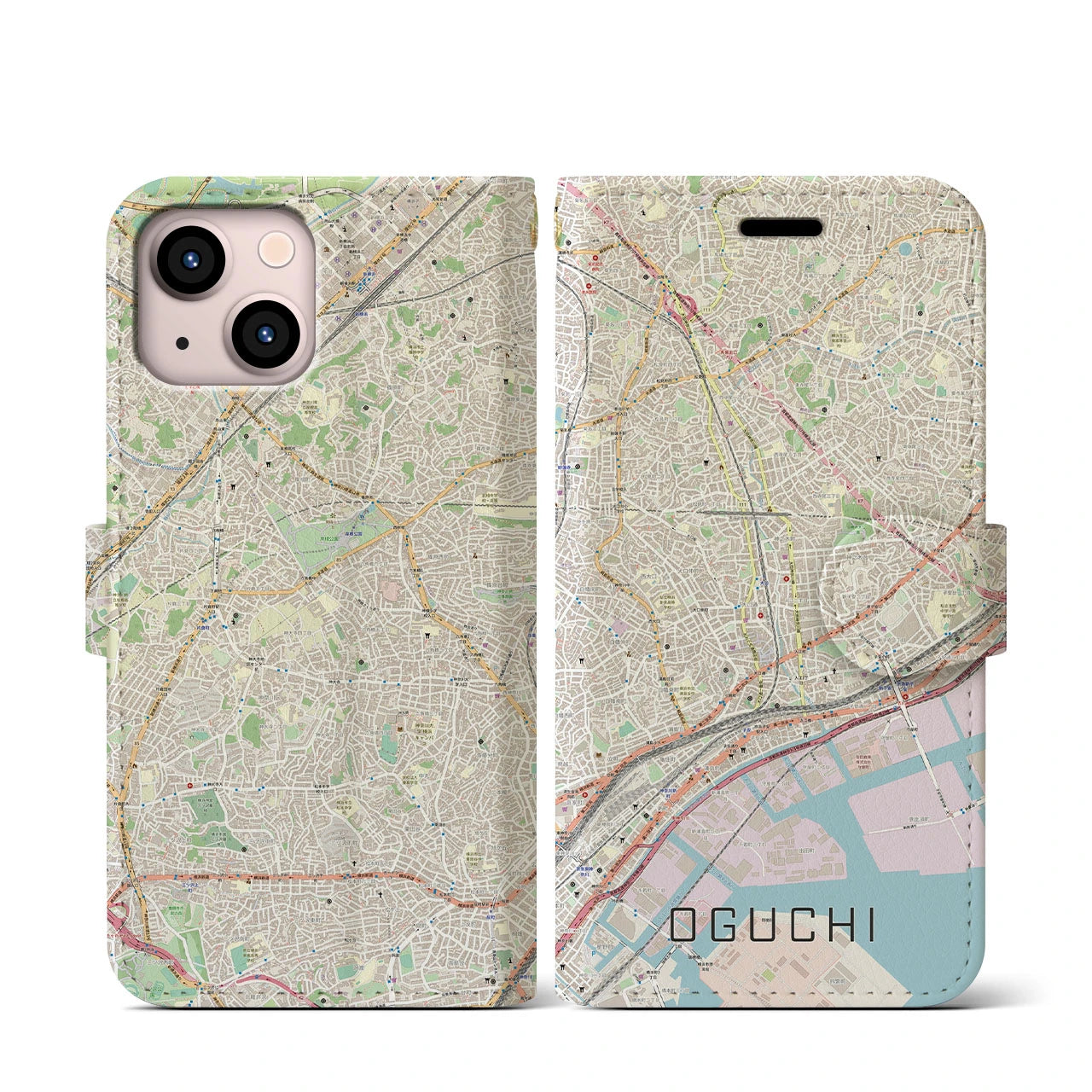 【大口(神奈川県)】地図柄iPhoneケース(手帳タイプ)ナチュラル・iPhone 13 mini 用