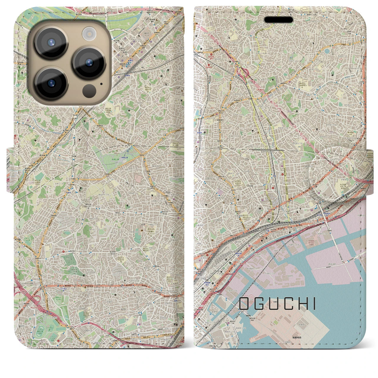 【大口(神奈川県)】地図柄iPhoneケース(手帳タイプ)ナチュラル・iPhone 14 Pro Max 用