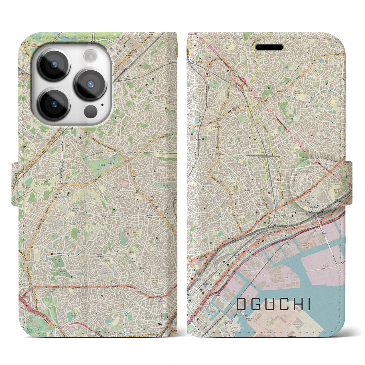 【大口(神奈川県)】地図柄iPhoneケース(手帳タイプ)ナチュラル・iPhone 14 Pro 用