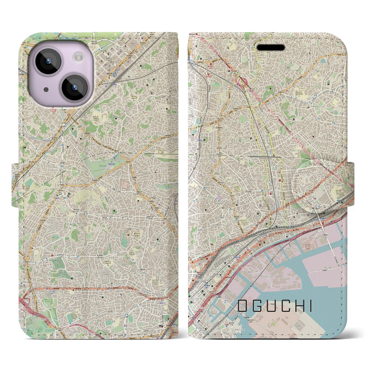 【大口(神奈川県)】地図柄iPhoneケース(手帳タイプ)ナチュラル・iPhone 14 用