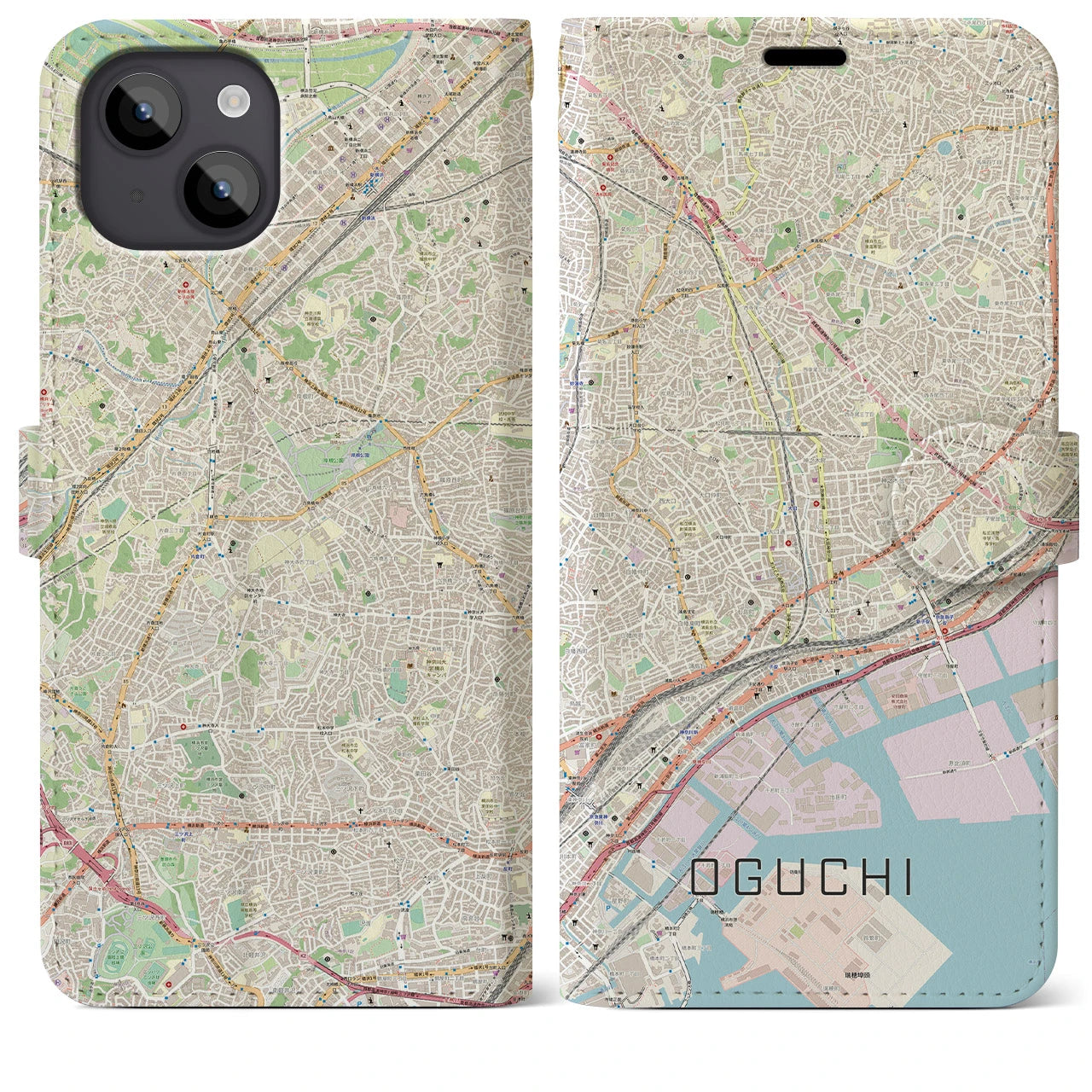 【大口(神奈川県)】地図柄iPhoneケース(手帳タイプ)ナチュラル・iPhone 14 Plus 用