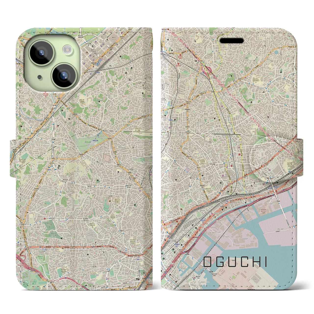 【大口(神奈川県)】地図柄iPhoneケース(手帳タイプ)ナチュラル・iPhone 15 用