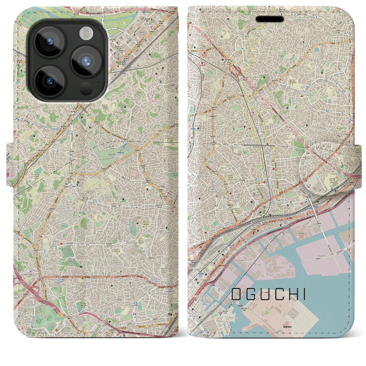 【大口(神奈川県)】地図柄iPhoneケース(手帳タイプ)ナチュラル・iPhone 15 Pro Max 用