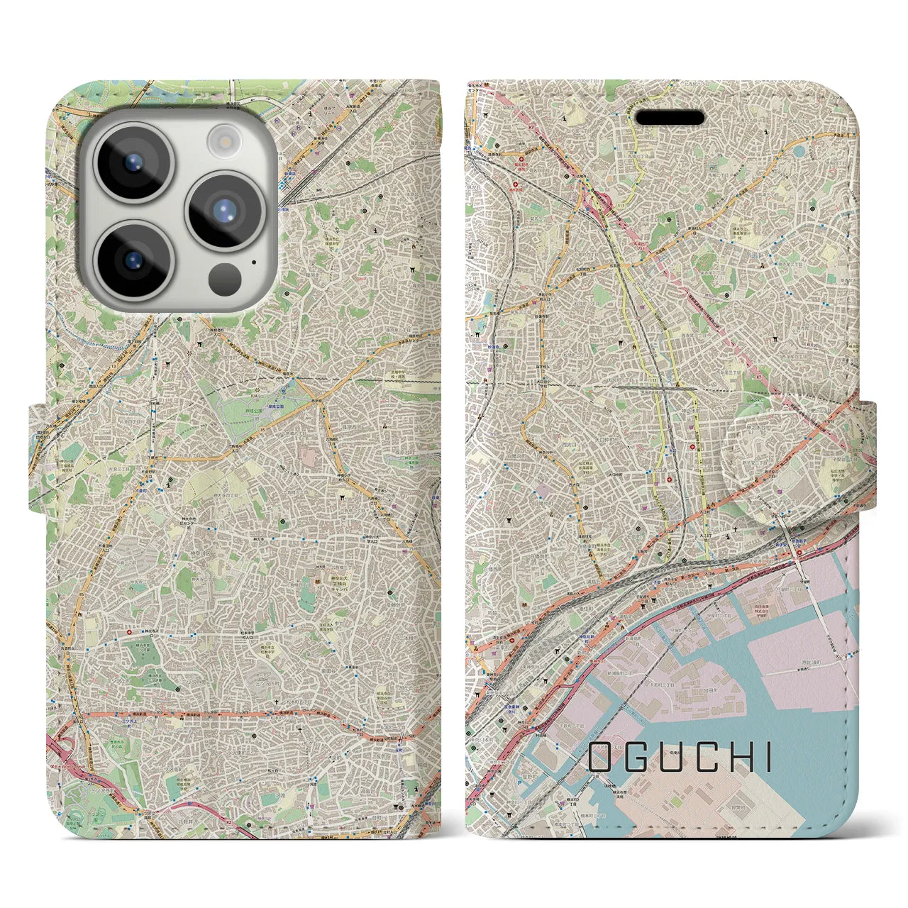 【大口(神奈川県)】地図柄iPhoneケース(手帳タイプ)ナチュラル・iPhone 15 Pro 用
