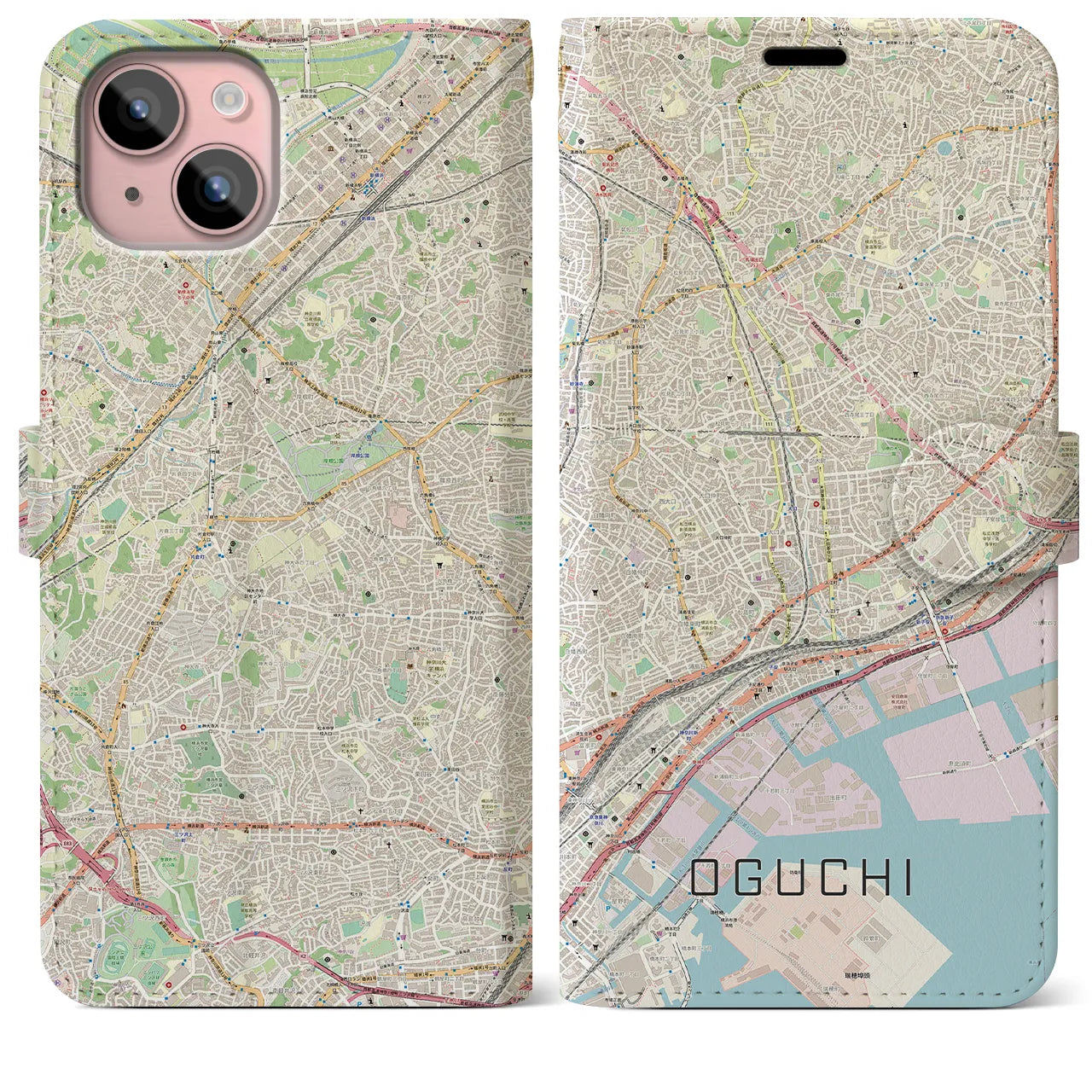 【大口(神奈川県)】地図柄iPhoneケース(手帳タイプ)ナチュラル・iPhone 15 Plus 用