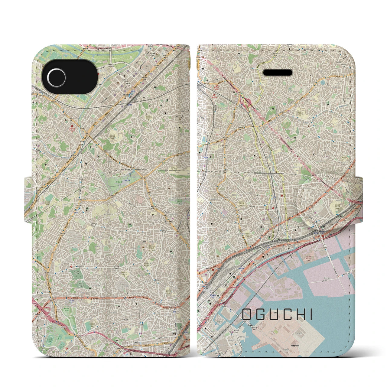 【大口(神奈川県)】地図柄iPhoneケース(手帳タイプ)ナチュラル・iPhone SE(第3 / 第2世代) / 8 / 7 / 6s / 6 用