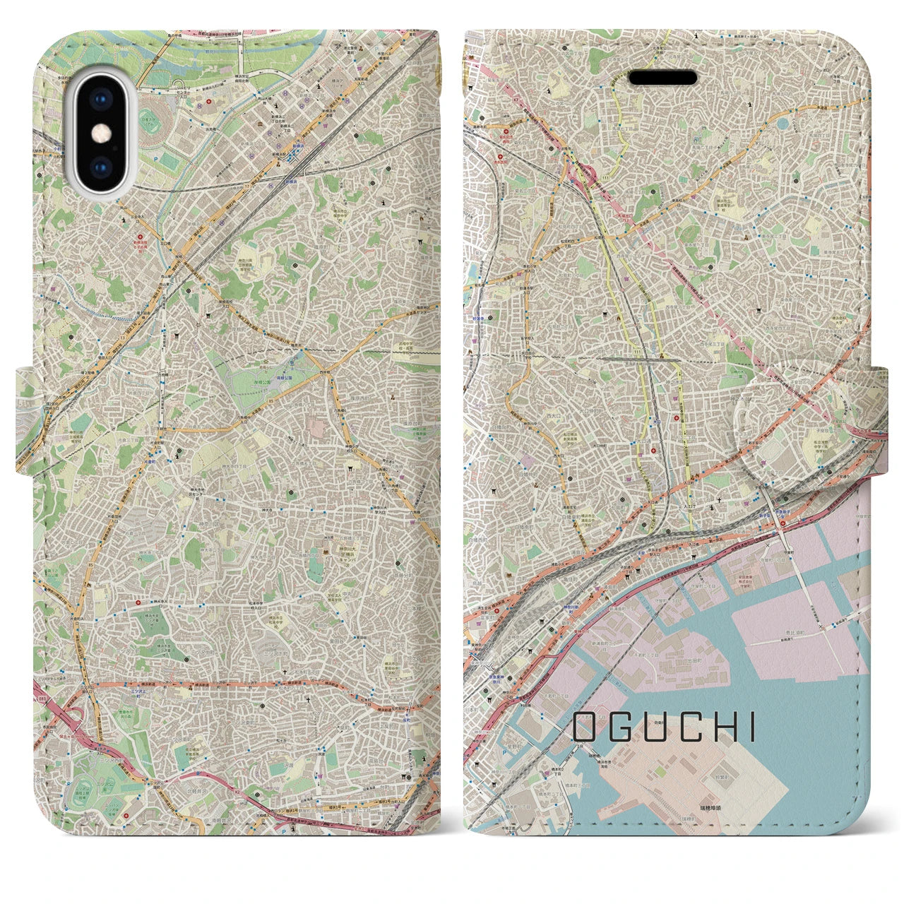 【大口(神奈川県)】地図柄iPhoneケース(手帳タイプ)ナチュラル・iPhone XS Max 用