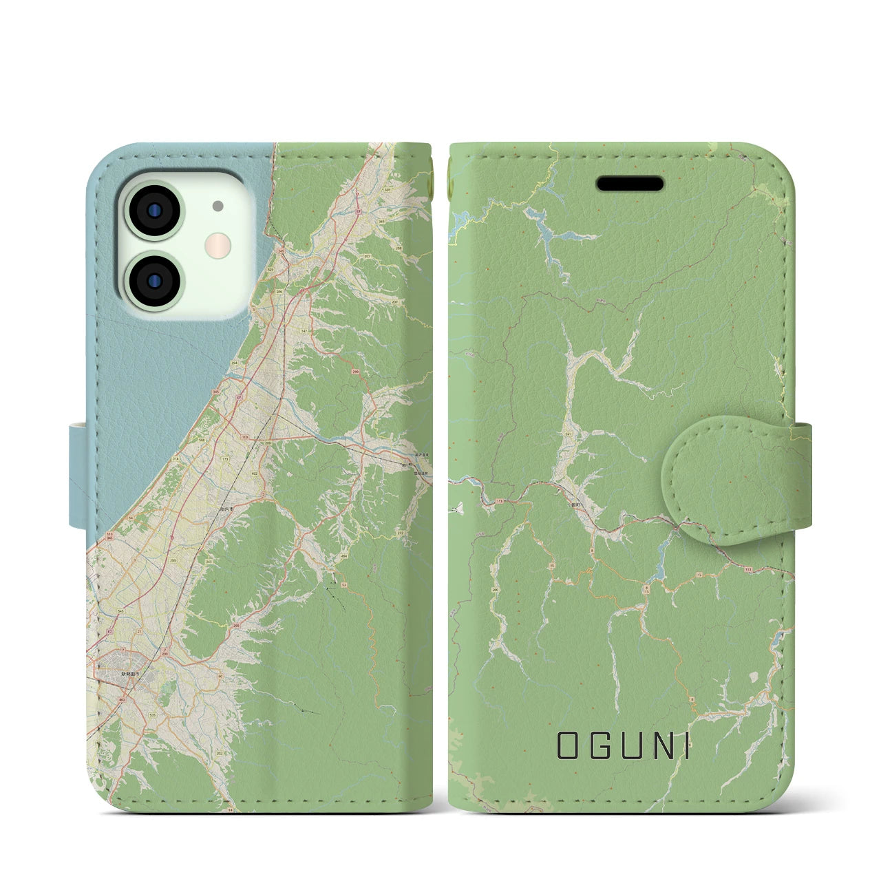 【小国(山形県)】地図柄iPhoneケース(手帳タイプ)ナチュラル・iPhone 12 mini 用