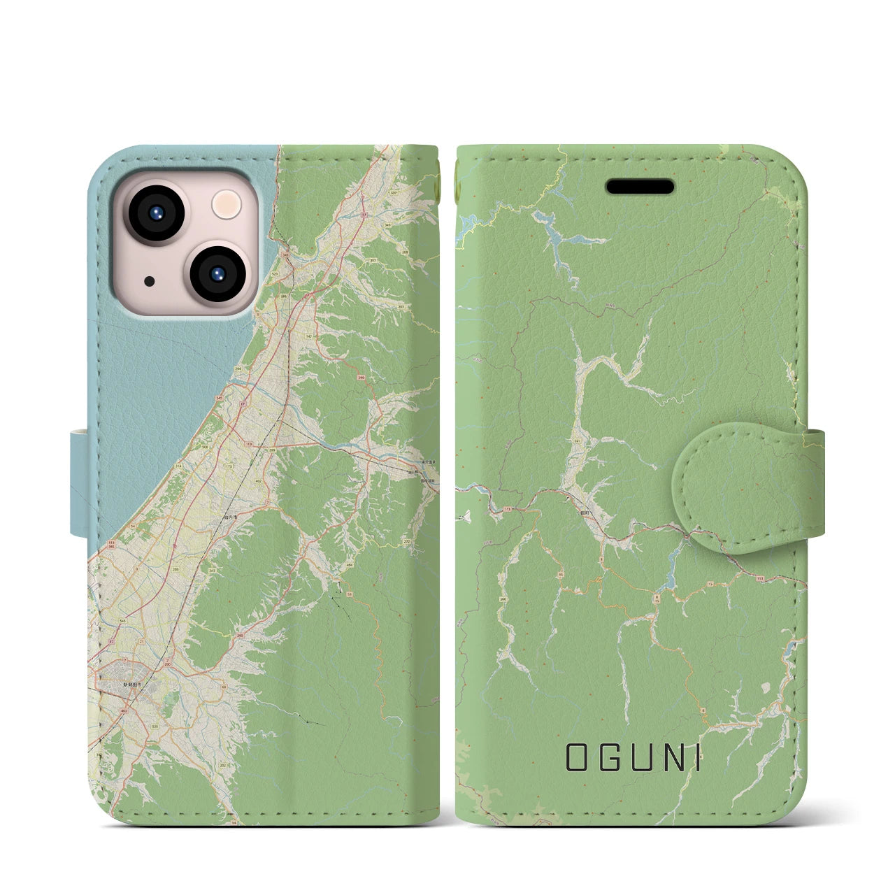 【小国(山形県)】地図柄iPhoneケース(手帳タイプ)ナチュラル・iPhone 13 mini 用