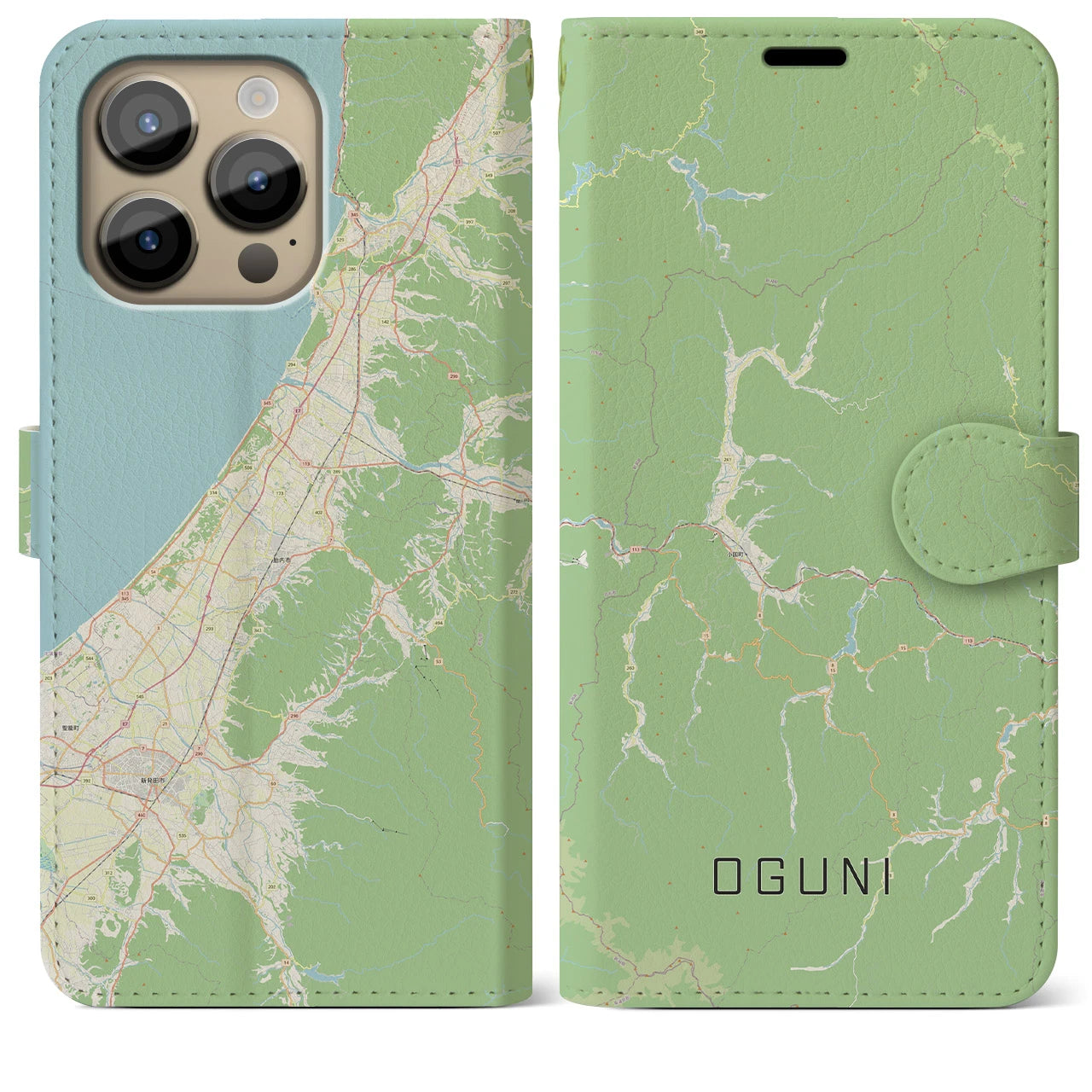 【小国(山形県)】地図柄iPhoneケース(手帳タイプ)ナチュラル・iPhone 14 Pro Max 用